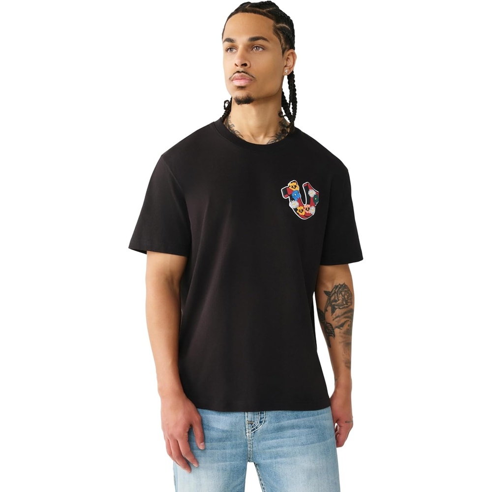 image:imageTrue Religion Mens Garden Shoey Oversized Heavyweight Tee  Puff Print  Graphic Design CrewneckJet Black