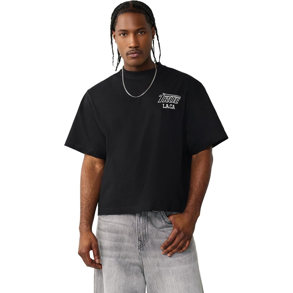 image:imageTrue Religion Mens Heavyweight Mesh Logo Tee  Crew Neck Short Sleeves Arched Logo PatchJet Black