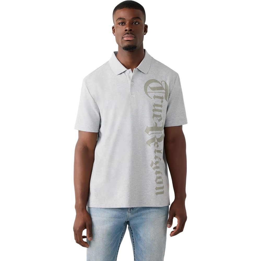 image:imageTrue Religion Mens Old English TR Pique Polo  100 Cotton Comfortable Fit Lightweight FeelHeather Grey