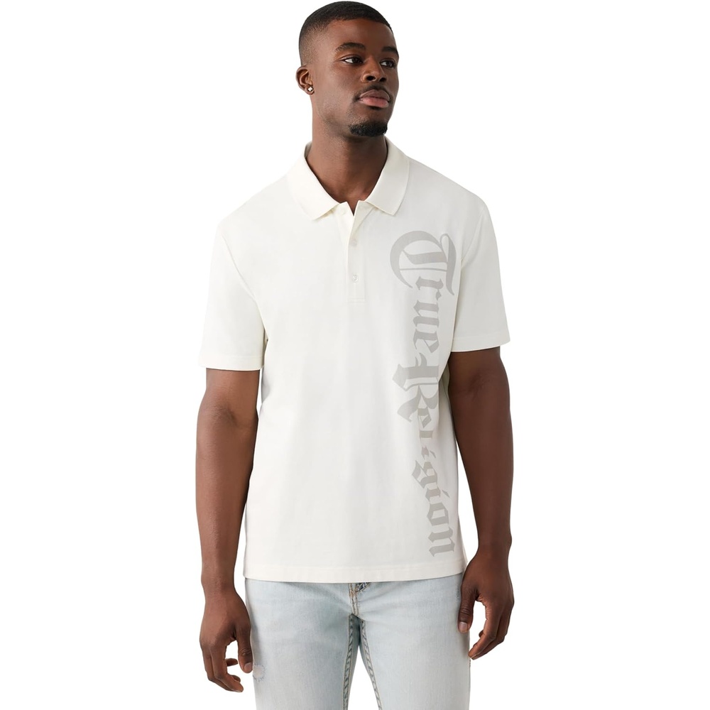 image:imageTrue Religion Mens Old English TR Pique Polo  100 Cotton Comfortable Fit Lightweight FeelWinter White
