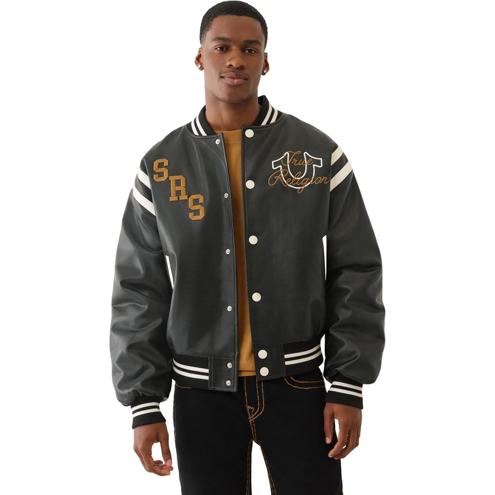 image:imageTrue Religion Mens Retro PU Varsity Jacket  Faux Leather Letterman Bomber with Logo PatchesJet Black