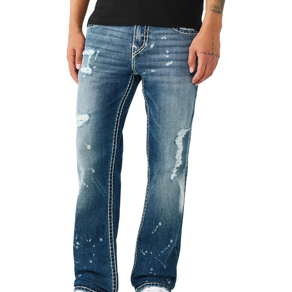 image:imageTrue Religion Mens Ricky Super T Flap 34 in  Great Fit Premium Stretch Denim Durable DesignNocturne Drive Drk Wsh W Rips