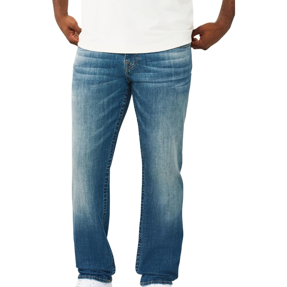 image:imageTrue Religion Mens Ricky Super T Stitch Straight Jean  Clean Denim Wash Oversized Hardware Horseshoe Detailing