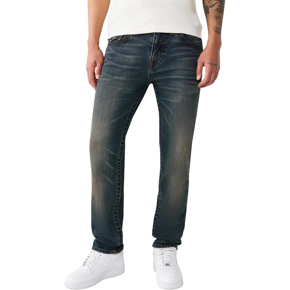 image:imageTrue Religion Mens Rocco Flap Single Needle Skinny Jean 32  Modern Skinny Fit Blue Stitching Flap Pockets