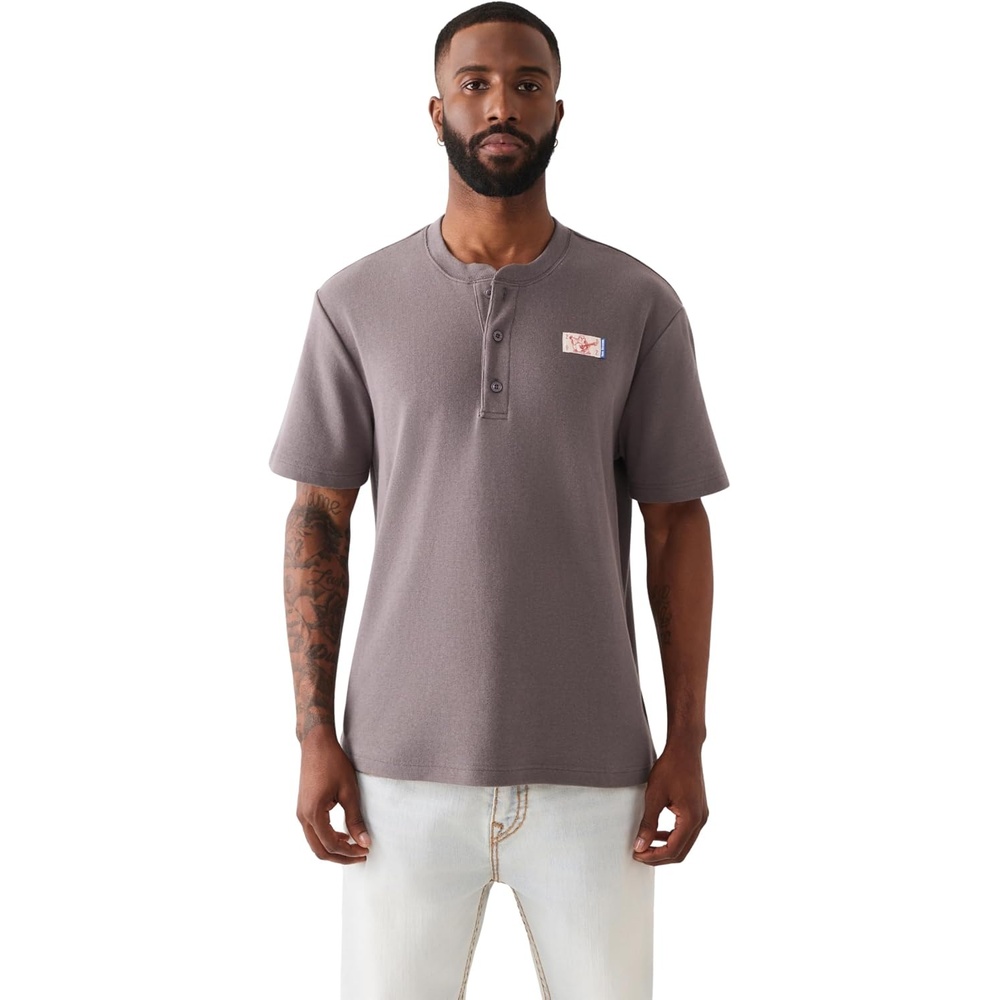 image:imageTrue Religion Mens Short Sleeve Buddha Knit Henley  100 Cotton Lightweight Feel Comfortable FitGranite Grey