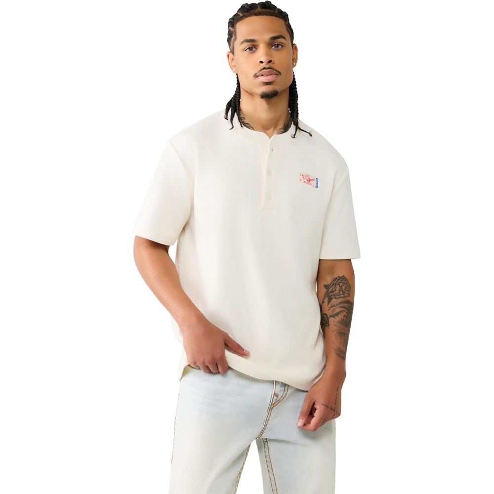 image:imageTrue Religion Mens Short Sleeve Buddha Knit Henley  100 Cotton Lightweight Feel Comfortable FitWinter White
