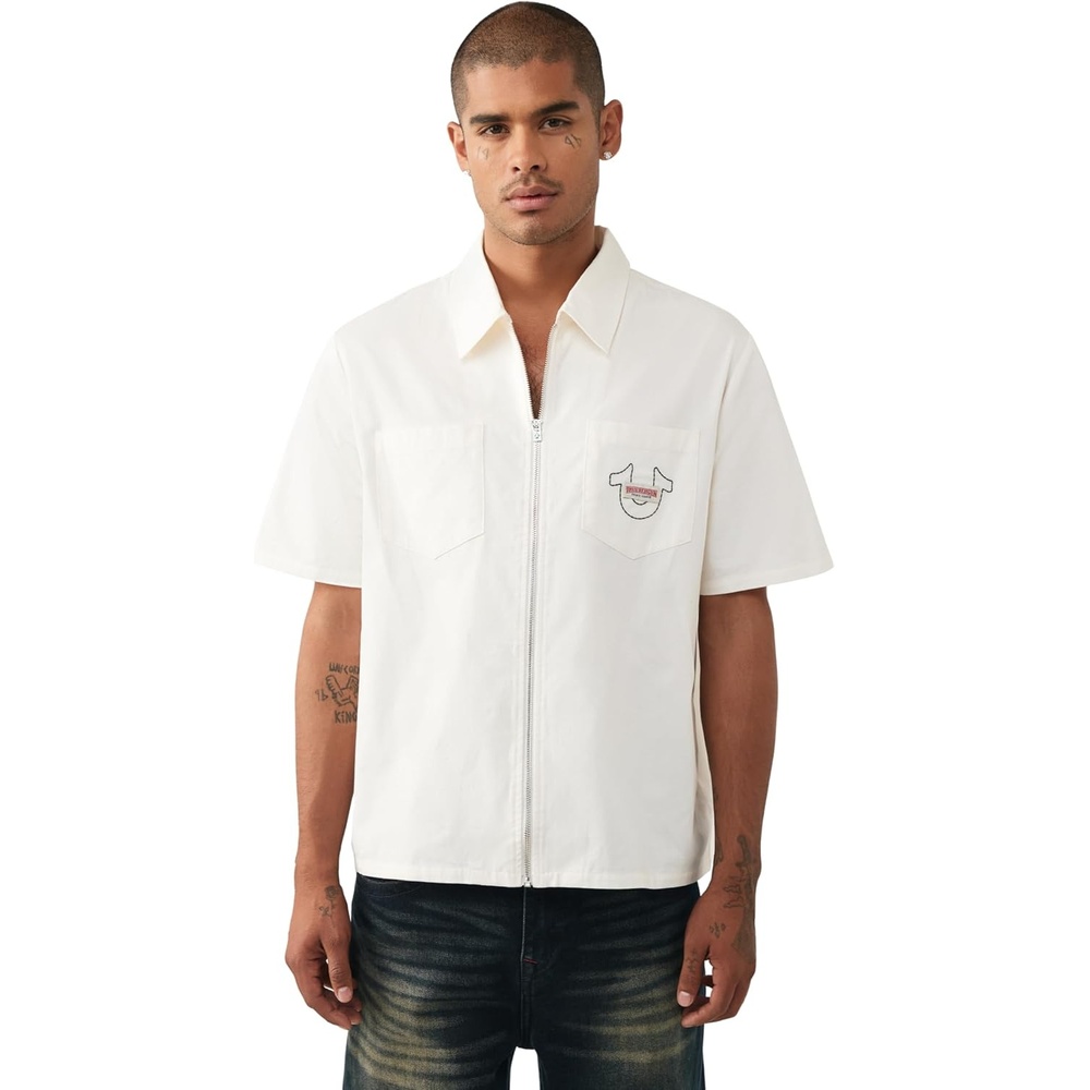 image:imageTrue Religion Mens Short Sleeve Full Zip Buddha Shirt  100 Cotton Short Sleeve Full Zip DesignWinter White