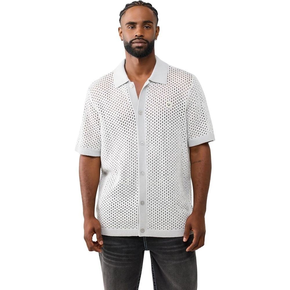 image:imageTrue Religion Mens Short Sleeve Marled Knit Shirt  Lightweight Feel  100 Cotton Comfortable Fit CrochetQuiet Grey