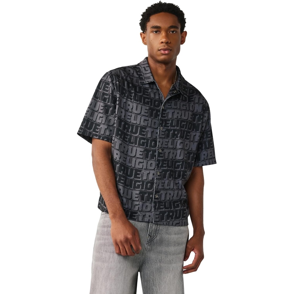 image:imageTrue Religion Mens Short Sleeve Mesh Logo Shirt  Breathable Boxy Fit