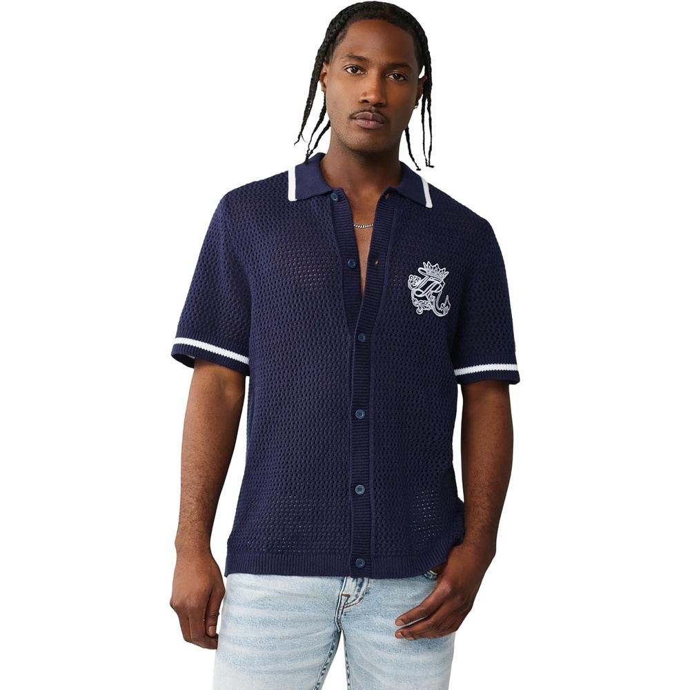 image:imageTrue Religion Mens Short Sleeve TR Crown Logo Knit Shirt  Soft Cotton Classic Fit Logo Graphic