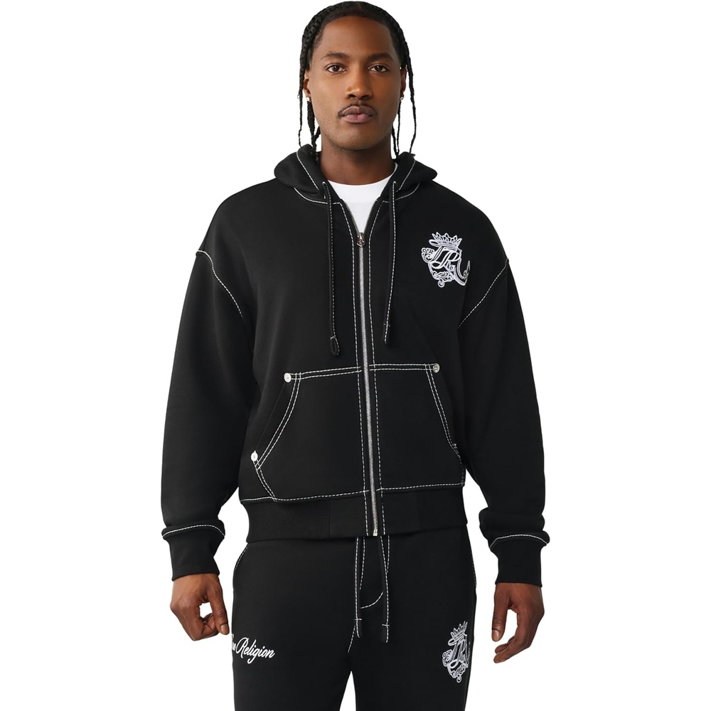 image:imageTrue Religion Mens TR Crest Big T Boxy Zip Up  Cotton Blend Hooded Zip Design