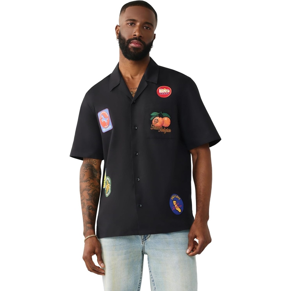 image:imageTrue Religion Mens Twill Embro Camp Shirt  ButtonUp Camp Collar