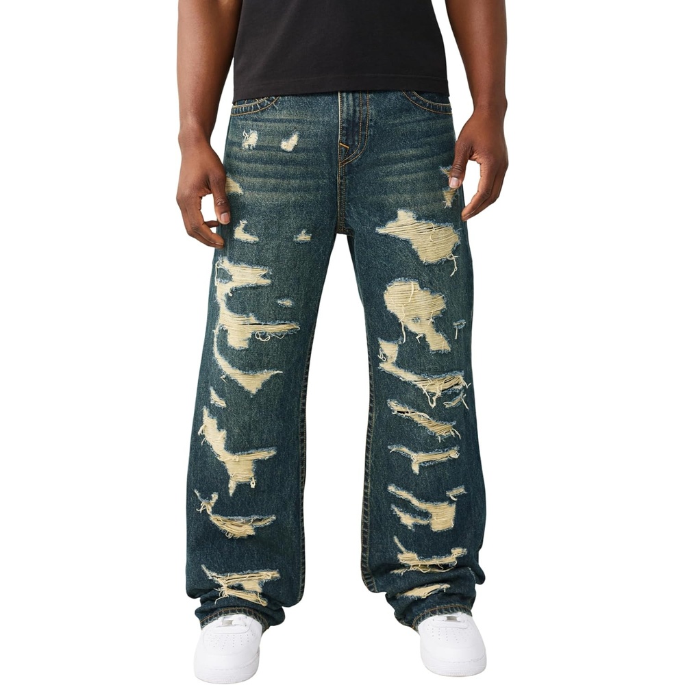 image:imageTrue Religion Mens Vinny Destroyed Ultra Baggy Jean 34  Whiskering  SlimFit Horseshoe Detailing