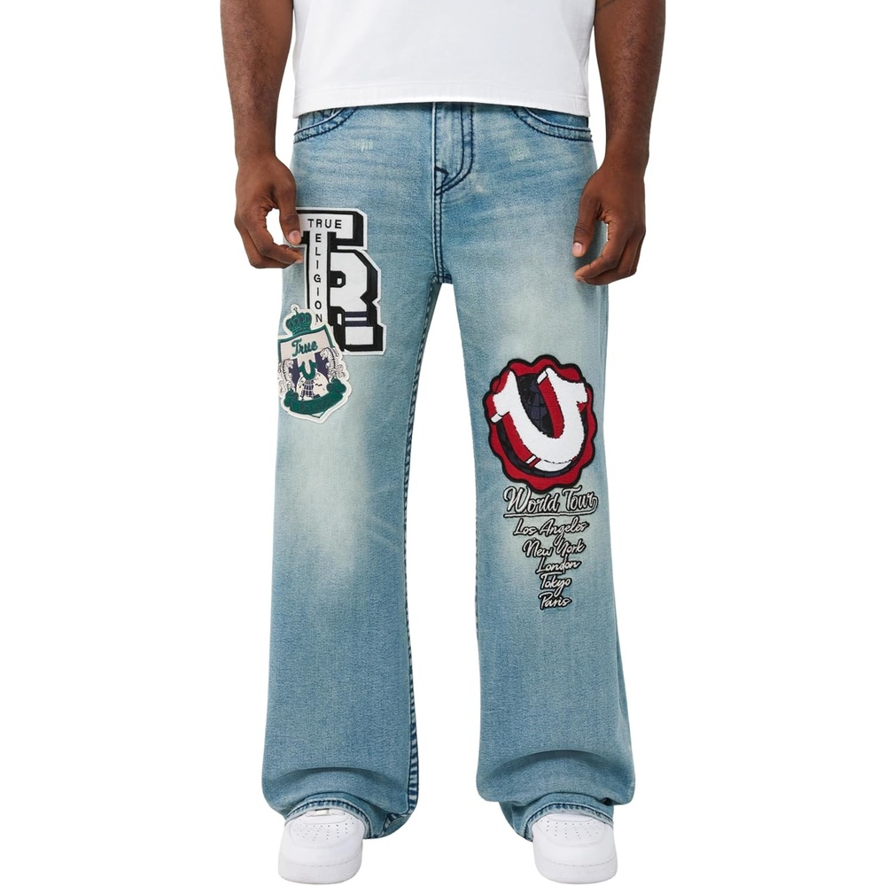 image:imageTrue Religion Mens Vinny Patch Big T Ultra Baggy Jean 34  Whiskering  Signature Horseshoe Dark Wash