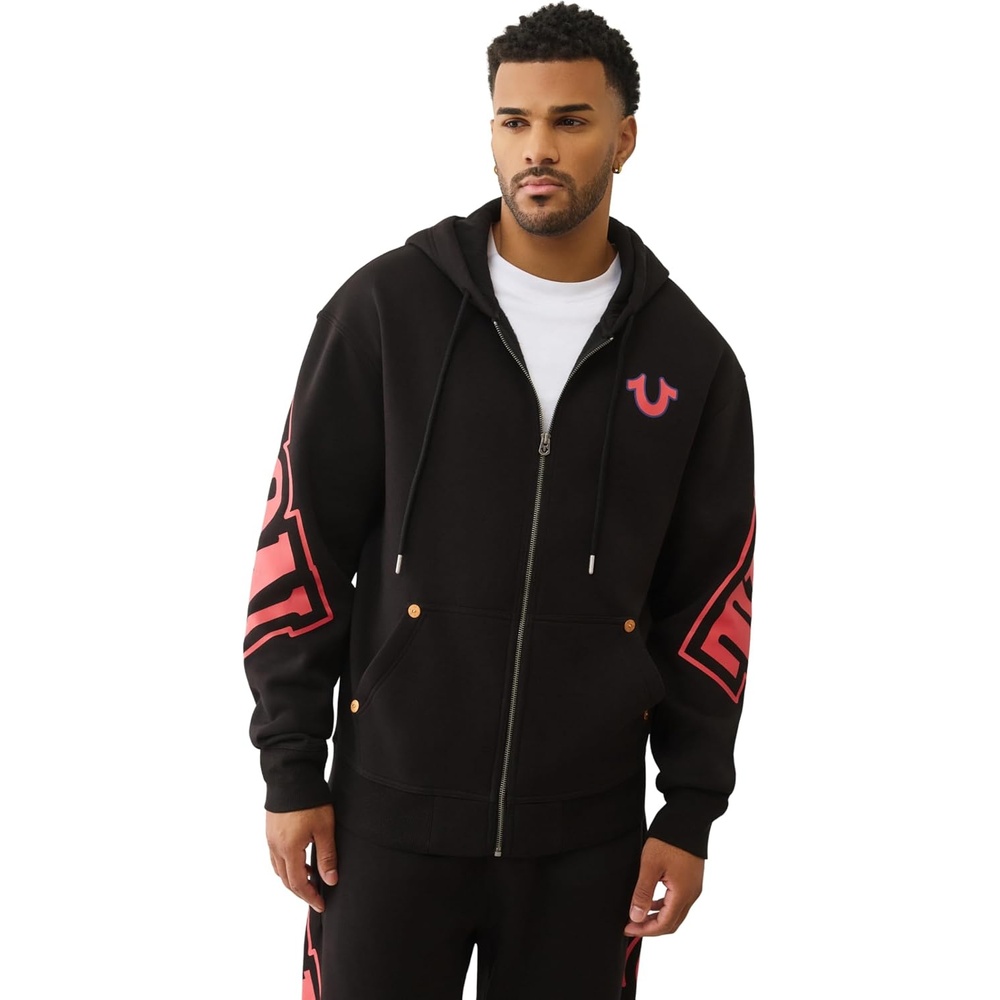 image:imageTrue Religion Overt Arch Logo Zip Up Hoodie for Men  FleeceLined Cotton Blend Sweatshirt with Hood amp Kangaroo Pocket