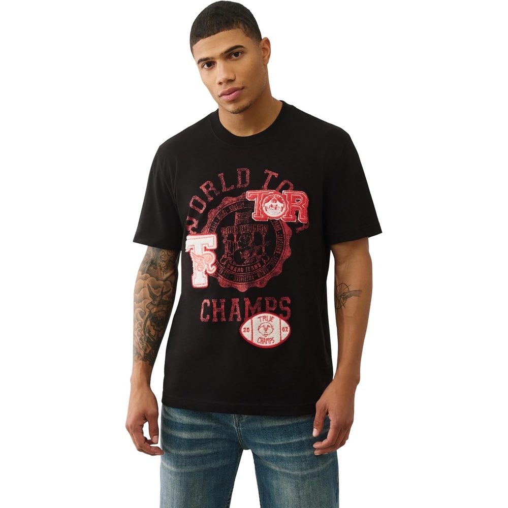 image:imageTrue Religion SS World Tour Champs Tee  Mens Graphic TShirt in 100 Cotton Crew Neck Short Sleeve ShirtJet Black