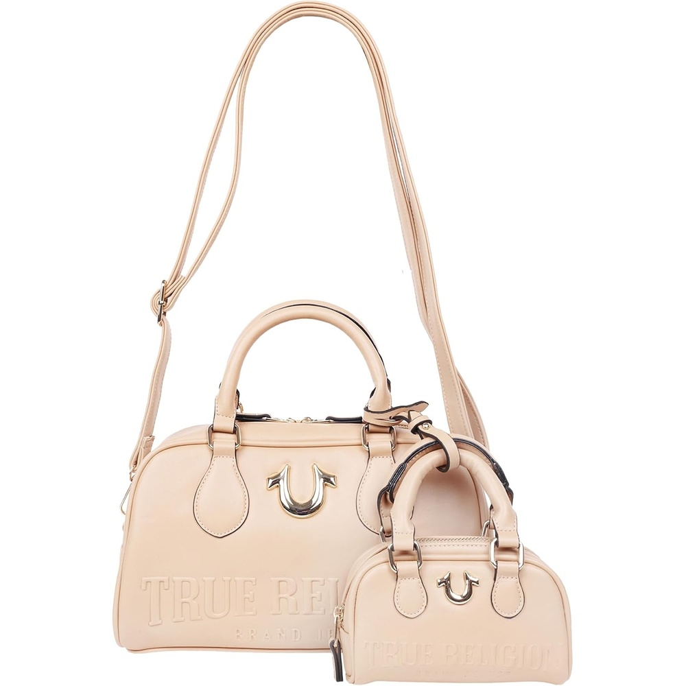 image:imageTrue Religion Satchel Bag Logo Embossed Structured Purse with Matching Mini Bag Metallic Horseshoe Emblem and Gold Hardware Camel