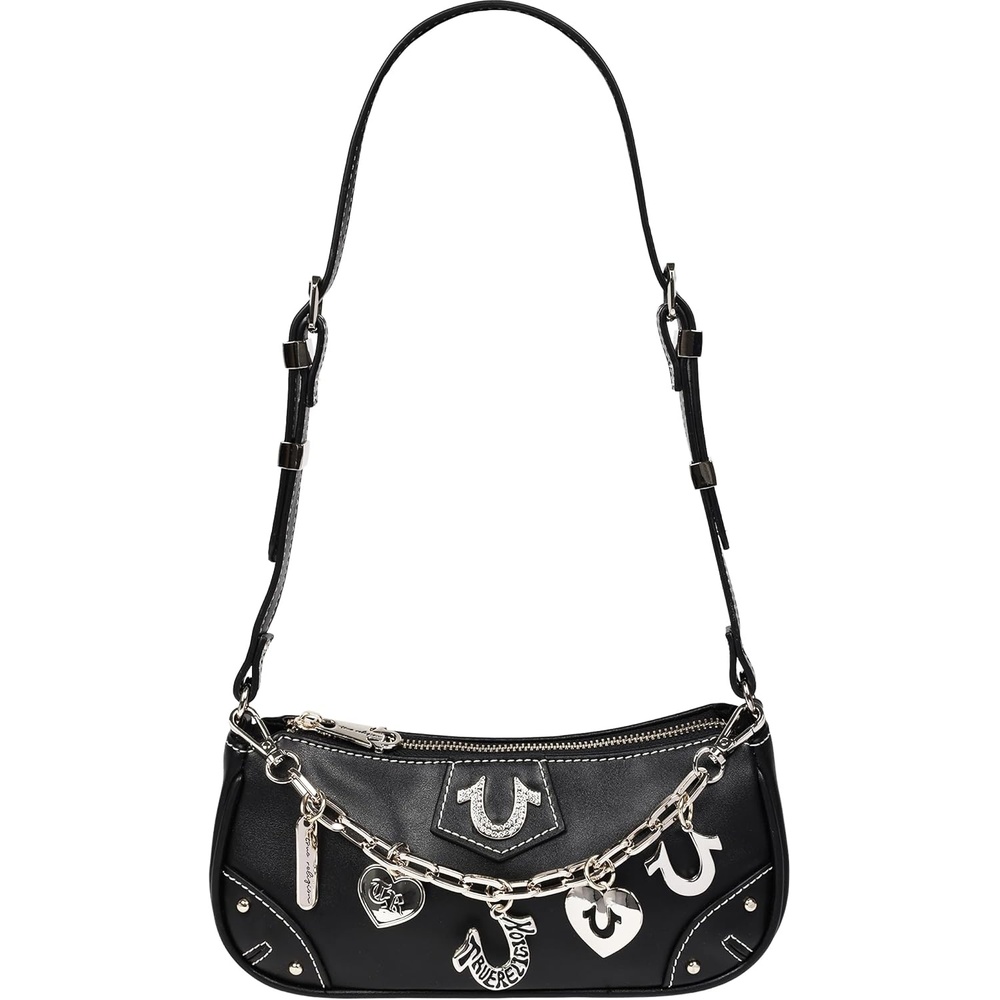 image:imageTrue Religion Shoulder Bag Black  Horseshoe Chain Purse with Crystal Patch Logo Charms Adjustable Strap and Gold Hardware