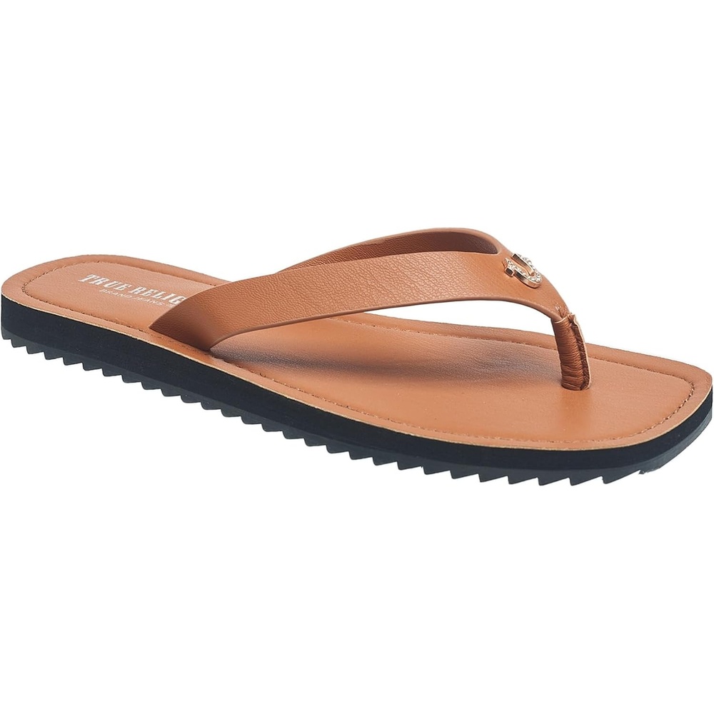 image:imageTrue Religion Womens Flip Flop Sandals  Lightweight Rubber Sole with Iconic Logo DetailCognac