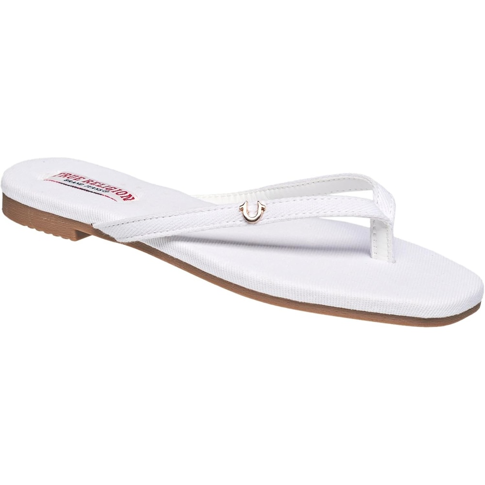 image:imageTrue Religion Womens Minimalist Flip Flop Sandals  Sleek Style with Gold Logo CharmWhite
