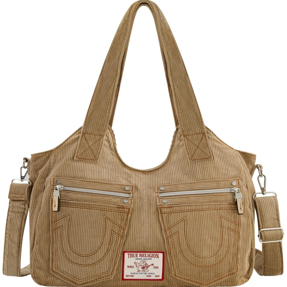 image:imageTrue Religion Womens Satchel Bag Corduroy Crossbody Purse Handbag with Adjustable Shoulder StrapCamel