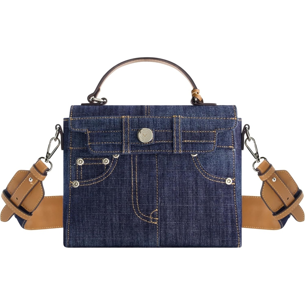 image:imageTrue Religion Womens Shoulder Bag Purse Jean Pocket Mini Flap Crossbody Handbag with Adjustable StrapNavy