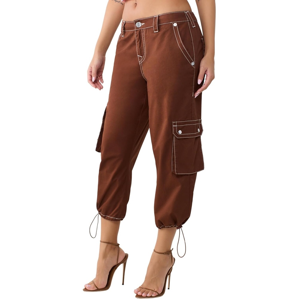 image:imageTrue Religion Womens Y2K Cargo Mid Rise Capri Pants  100 Cotton Mid Rise Fit Capri LengthChocolate Fondant