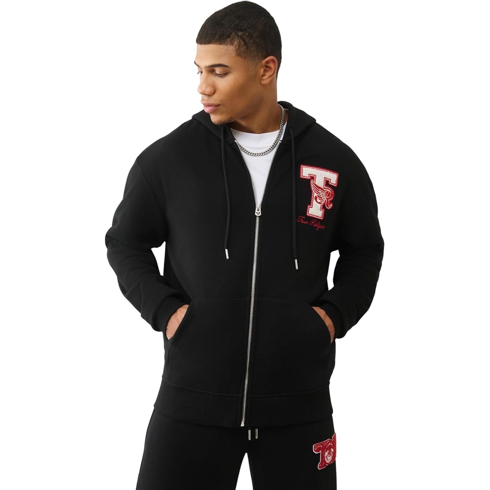image:imageTrue Religion World Tour Champs Zip Up Sweatshirt with Horseshoe Logo amp Bold Back GraphicJet Black