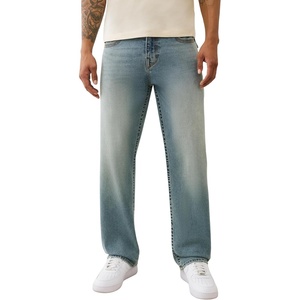 True Religion Bobby TN SN FLP Round Pocket Jeans for Men | 32” | Relaxed Fit Denim Pants with Iconic Stitching & Flap Pockets(Gridiron Blue Medium Wash)