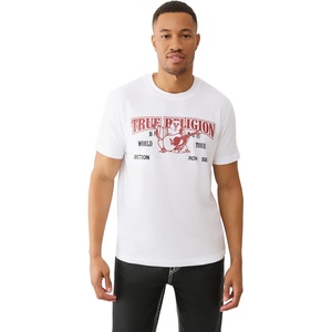 True Religion Buddha Arch Logo T-Shirt for Men | 100% Cotton Graphic Tee with Front & Back Print, Short Sleeve(Optic White)
