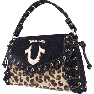 True Religion Denim Eyelet Trim Flap Bag, Studded Lace-Up Crossbody Shoulder Handbag with Horseshoe Logo, Leopard | Studded Lace-Up Crossbody Shoulder Handbag with Horseshoe Logo, Leopard