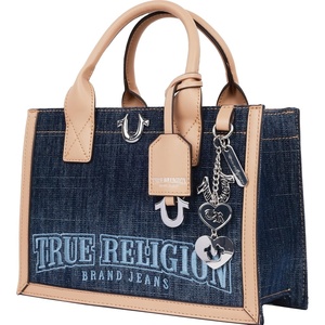 True Religion Denim Tote Bag, Dark Denim | Bombe Logo Shoulder Carryall with Horseshoe Hardware and Strap Hand Bag