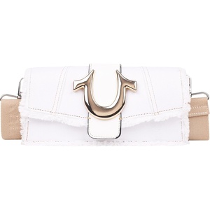True Religion Flap Bag, Women’s Frayed Denim Shoulder Handbag with Horseshoe Logo, White