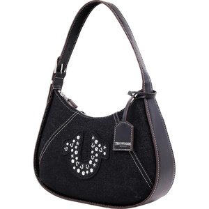 True Religion Hobo Bag, Denim Black | Strudded Logo Shoulder Purse, Silver Hardware with Adjustable Handle Drop, Zip Closure