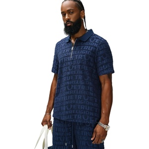 True Religion Men’s Short Sleeve Logo Terry Knit Zip Polo – V-Notched Collar, Varsity Stripes, Collegiate Graphic