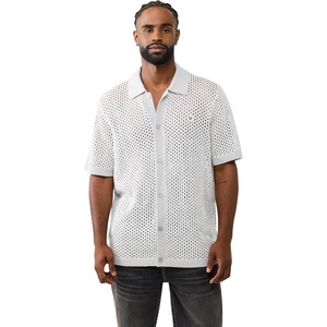 True Religion Men’s Short Sleeve Marled Knit Shirt | Lightweight Feel | 100% Cotton, Comfortable Fit, Crochet(Quiet Grey)