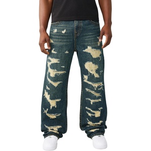 True Religion Men’s Vinny Destroyed Ultra Baggy Jean 34” | Whiskering | Slim-Fit, Horseshoe Detailing