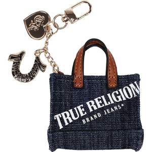 True Religion Mini Denim Tote Bag Charm, Dark Denim | Gold Hardware Keychain with Heart and Horseshoe Pendants, Brown Handles