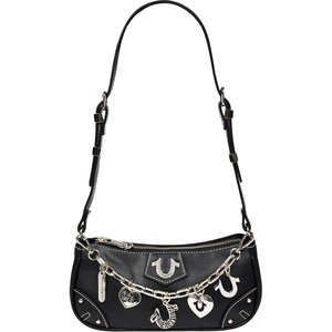 True Religion Shoulder Bag, Black | Horseshoe Chain Purse with Crystal Patch, Logo Charms, Adjustable Strap and Gold Hardware