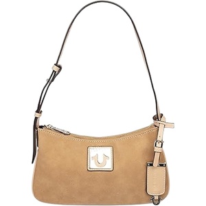 True Religion Shoulder Bag, Gold | Logo Plaque Suede Purse with Adjustable Strap, Compact Silhouette and Hardware, Camel