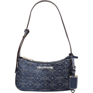 True Religion Shoulder Bag, Studded Denim Purse with Quilted Horseshoe Pattern, Adjustable Strap and Gold Hardware, Dark Denim | Studded Purse with Quilted Horseshoe Pattern, Adjustable Strap and Gold Hardware